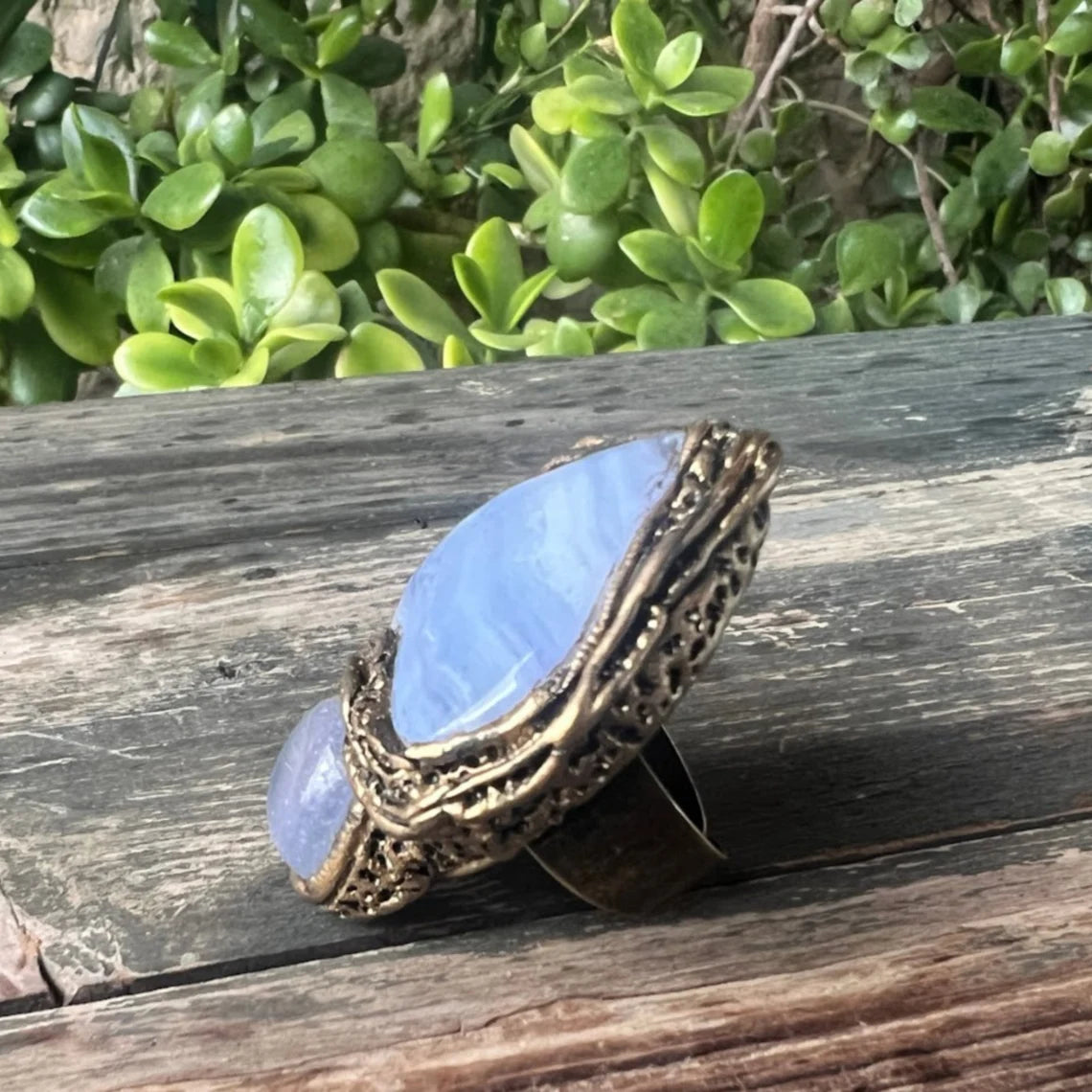 Blue Heart Ring with Agate & Chalcedony  - Statement Chunky Gemstone Jewelry