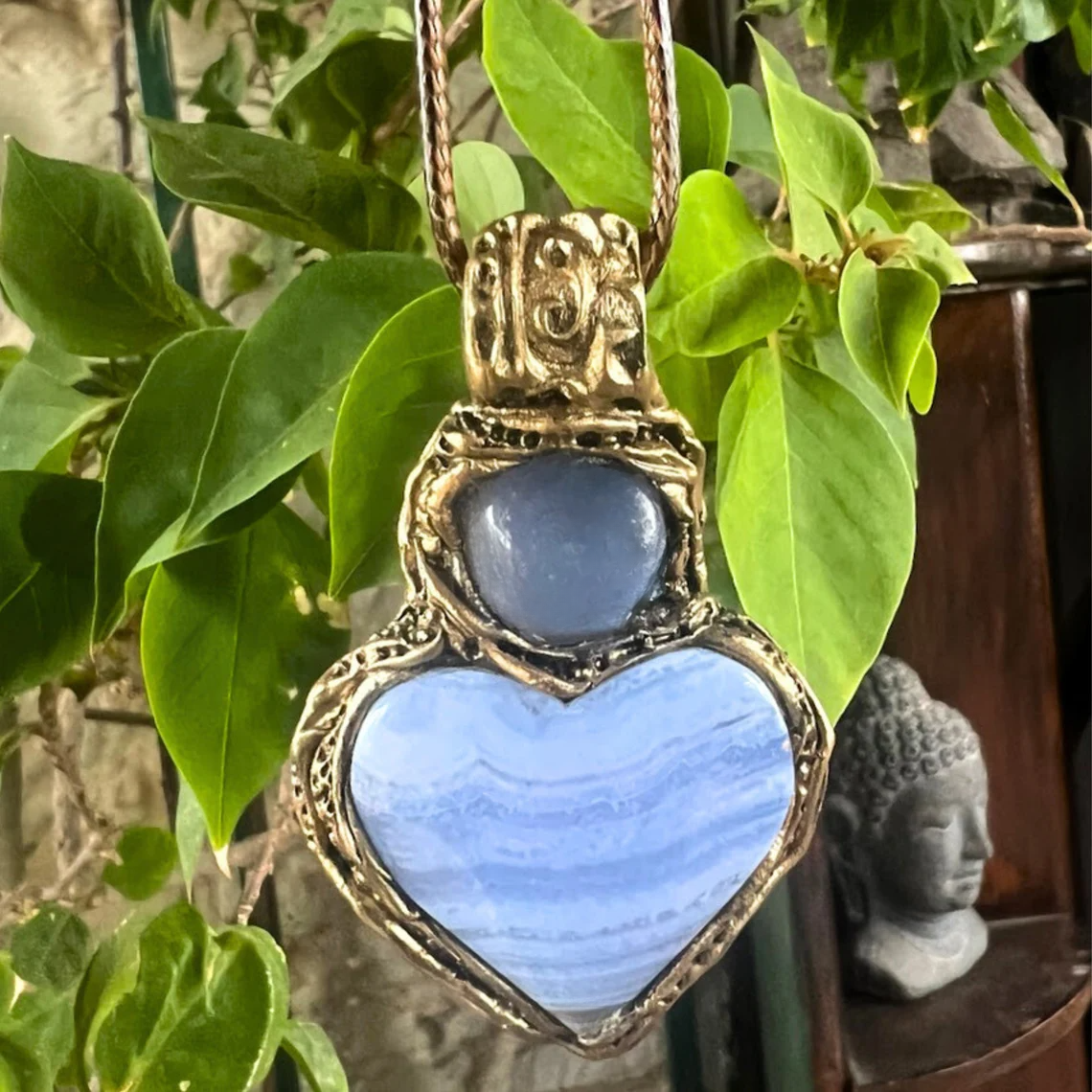 Heart Necklace with Blue Lace Agate & Chalcedony - Statement Crystal Pendants