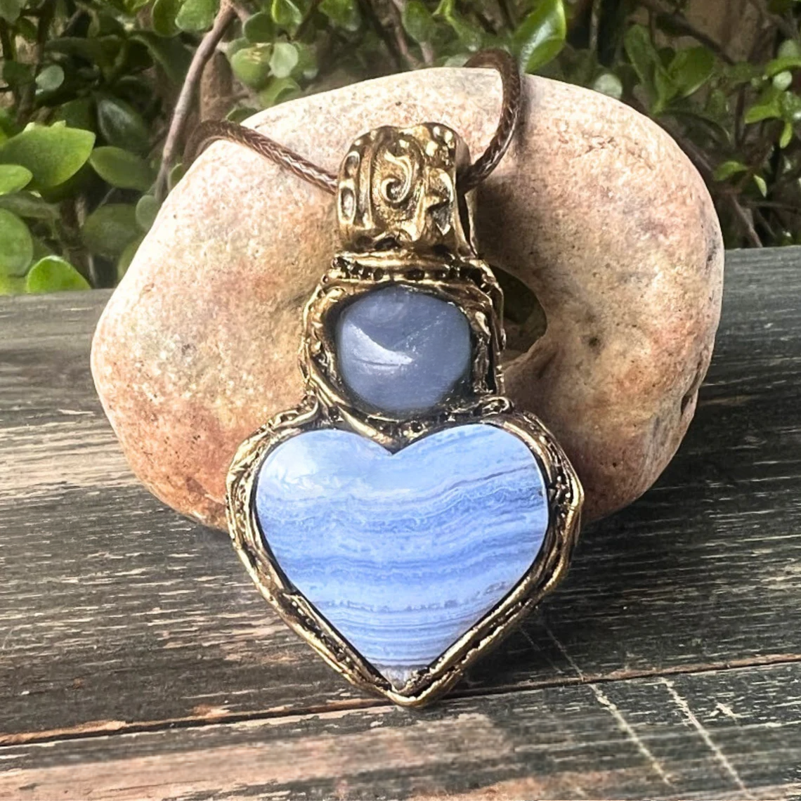 Heart Necklace with Blue Lace Agate & Chalcedony - Statement Crystal Pendants