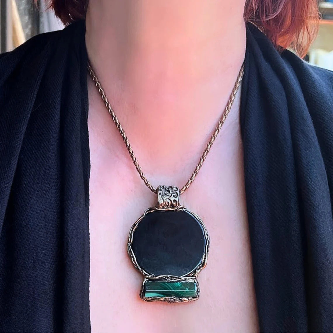 Empath Protection  Obsidian Malachite Amulet Necklace