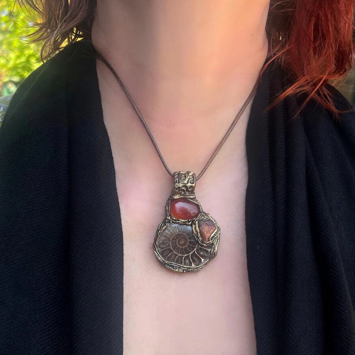 Ammonite Fossil, Carnelian & Sunstone Necklace - Healing Crystal Pendant