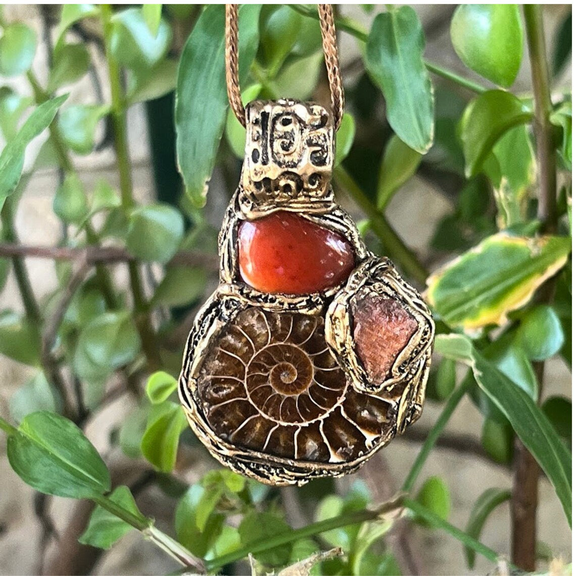 Ammonite Fossil, Carnelian & Sunstone Necklace - Healing Crystal Pendant