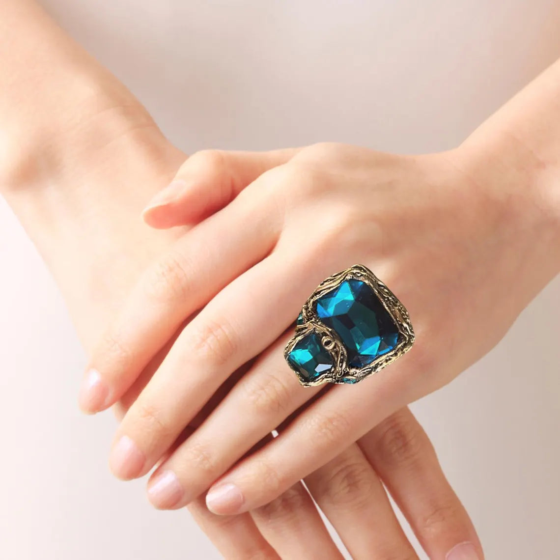 Teal Blue Crystal Chunky Ring - Statement Cocktail Ring, Unique Gift for Her