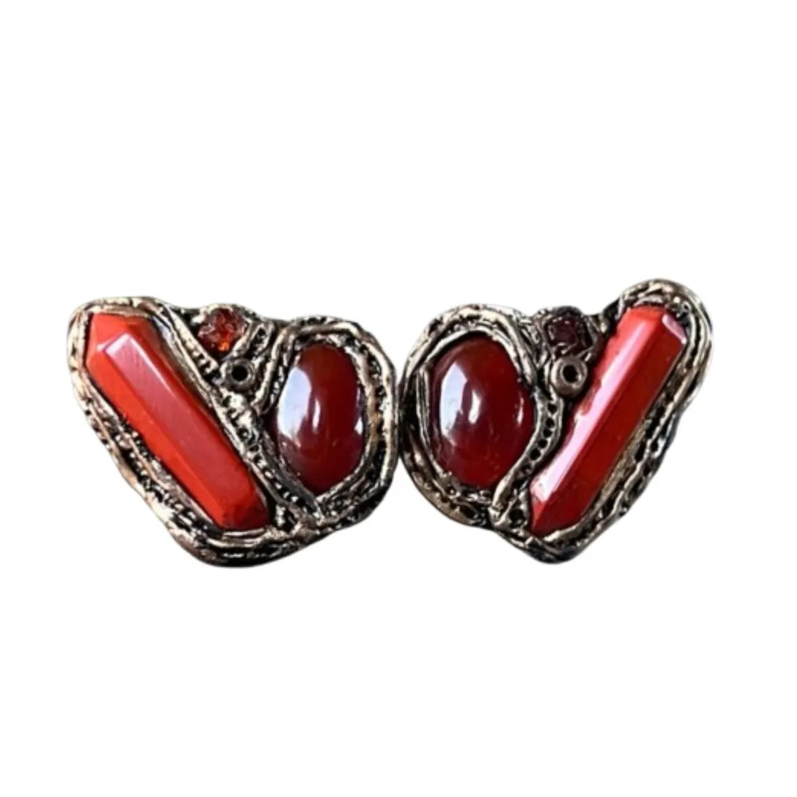 Carnelian & Red Jasper Statement Earrings - Gemstone Clip On