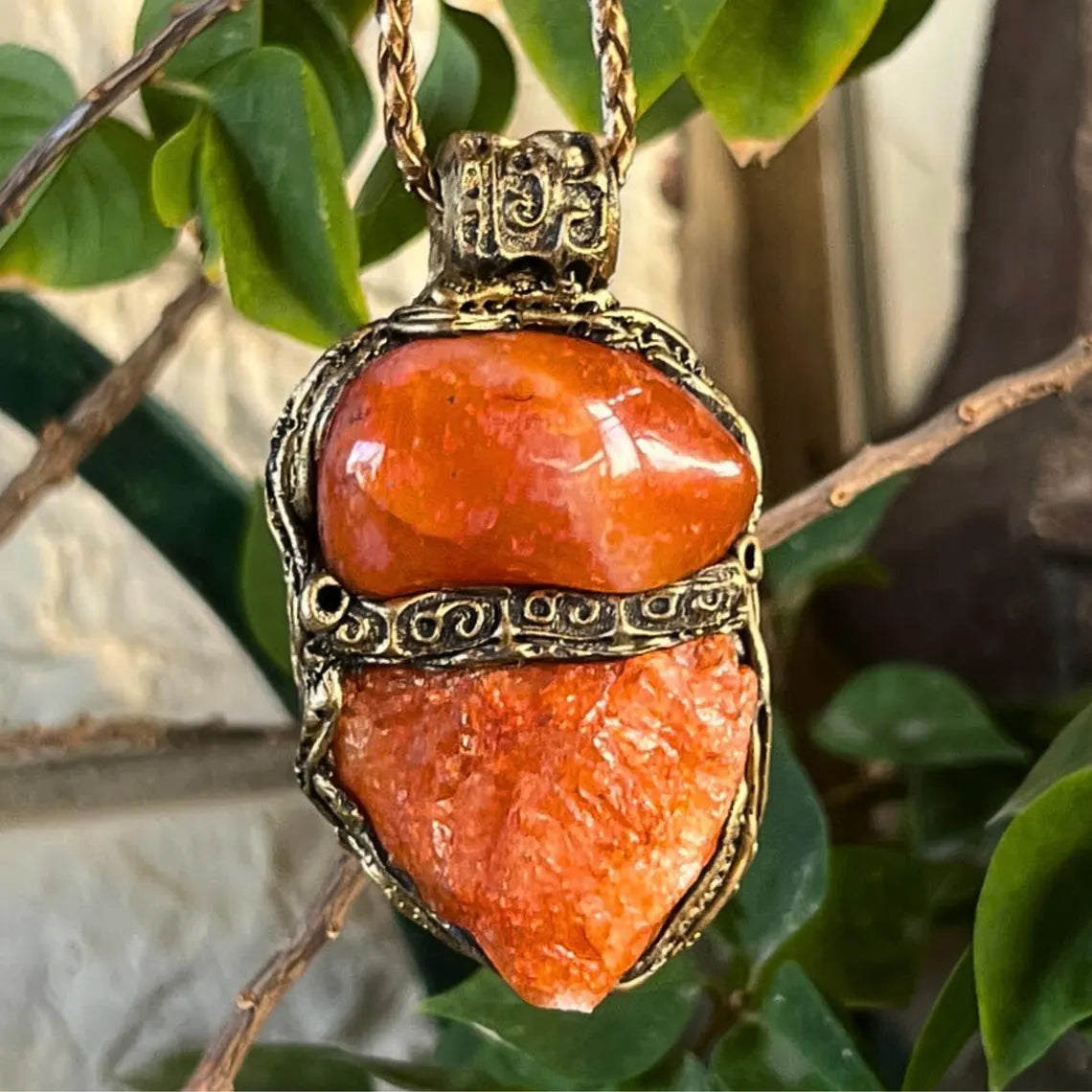 Orange Carnelian & Calcite Necklace, Statement Chunky Gemstone Jewelry