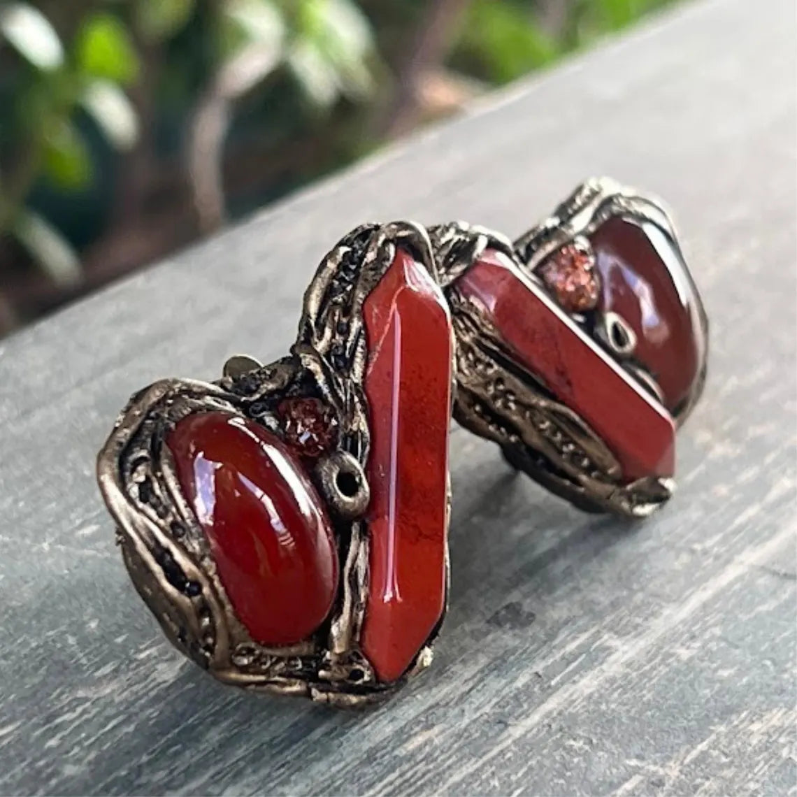 Carnelian & Red Jasper Statement Earrings - Gemstone Clip On