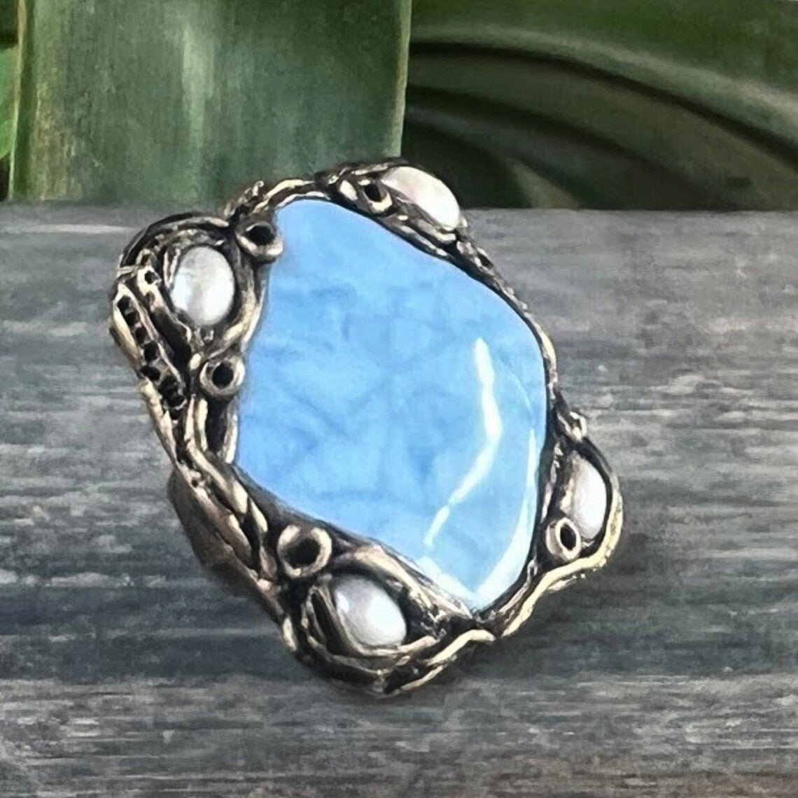 Blue Opal Statement Ring, Chunky Gemstone Cocktail Ring