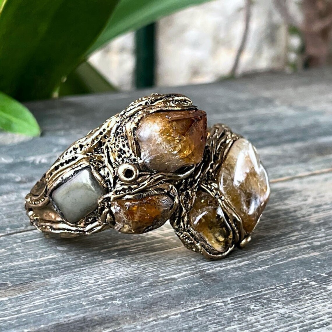 Citrine & Pyrite Protection Bracelet - Statement Hinged Gemstone Cuff