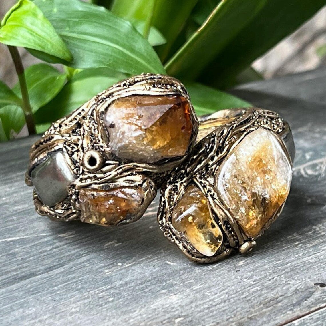 Citrine & Pyrite Protection Bracelet - Statement Hinged Gemstone Cuff