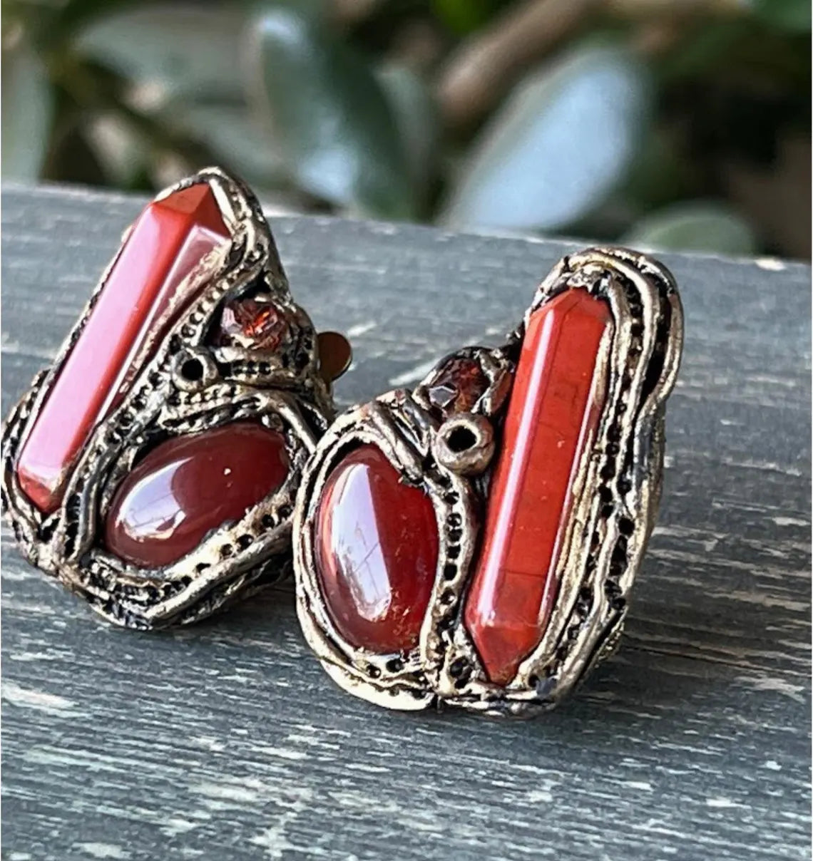 Carnelian & Red Jasper Statement Earrings - Gemstone Clip On