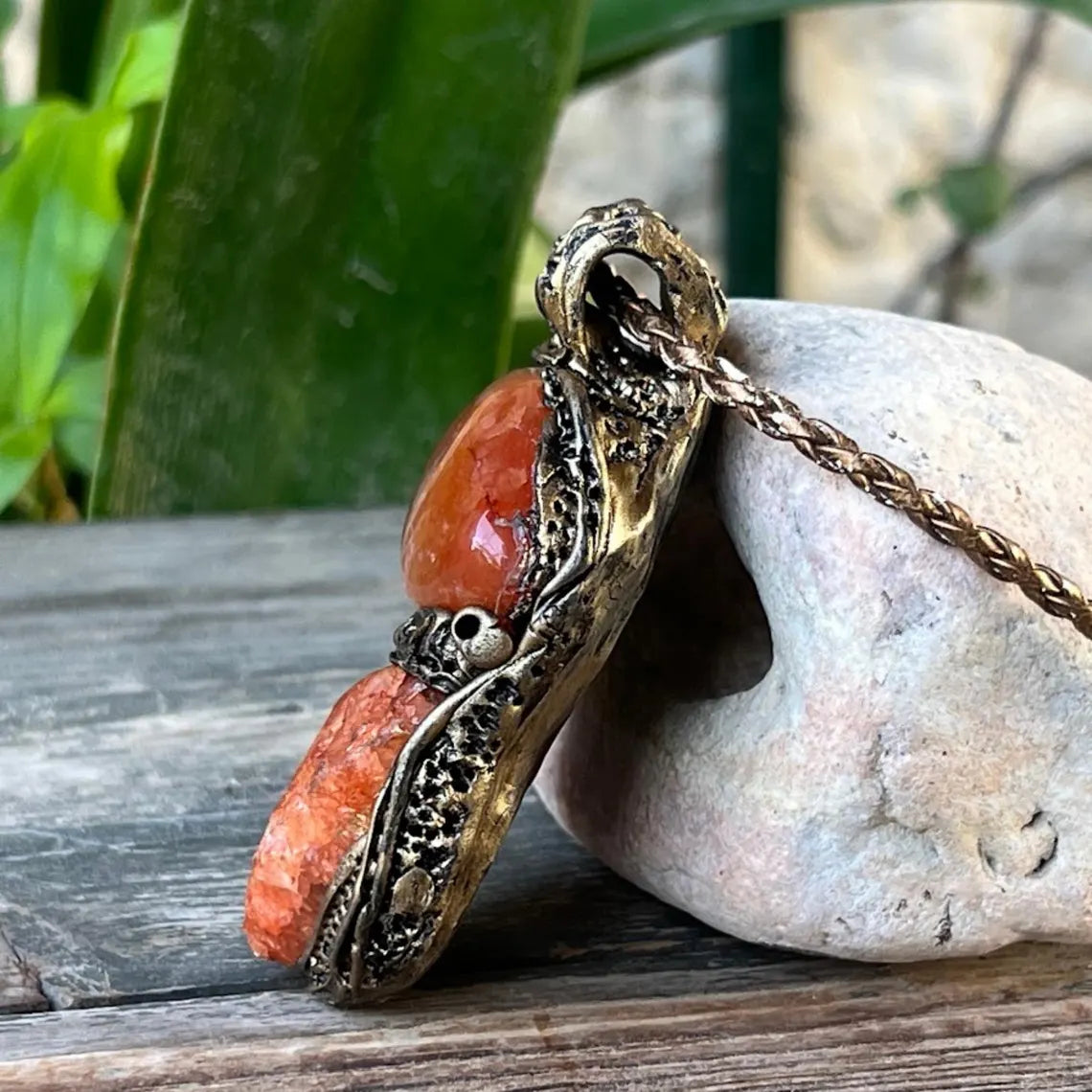 Orange Carnelian & Calcite Necklace, Statement Chunky Gemstone Jewelry