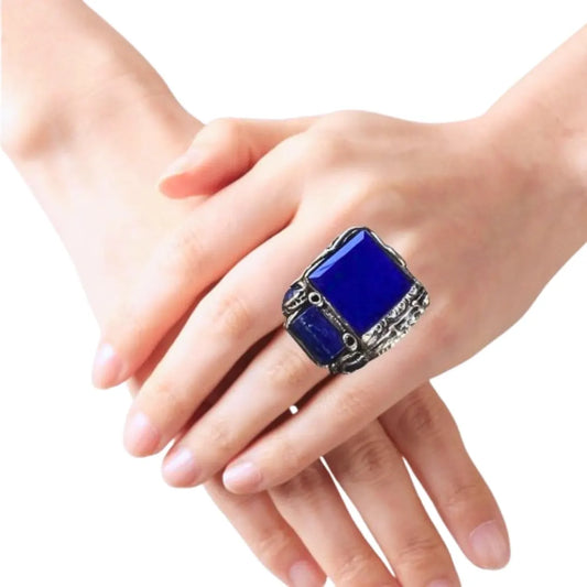 Chunky Lapis Lazuli Blue Square Ring - Unique Gemstone Statement Jewelry
