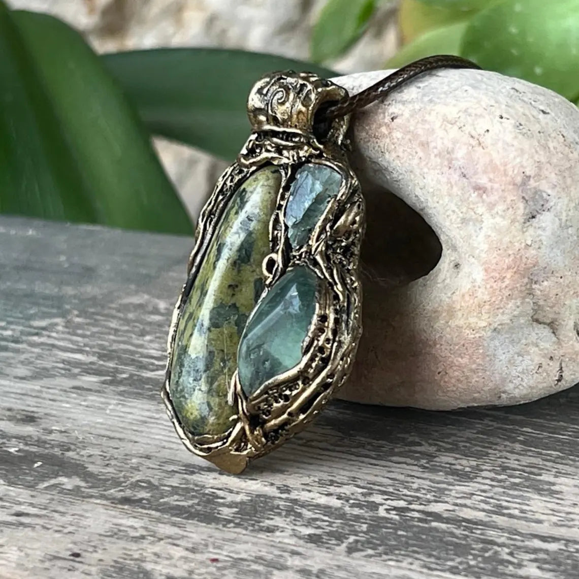 Chunky Serpentine Green Fluorite Pendant Necklace