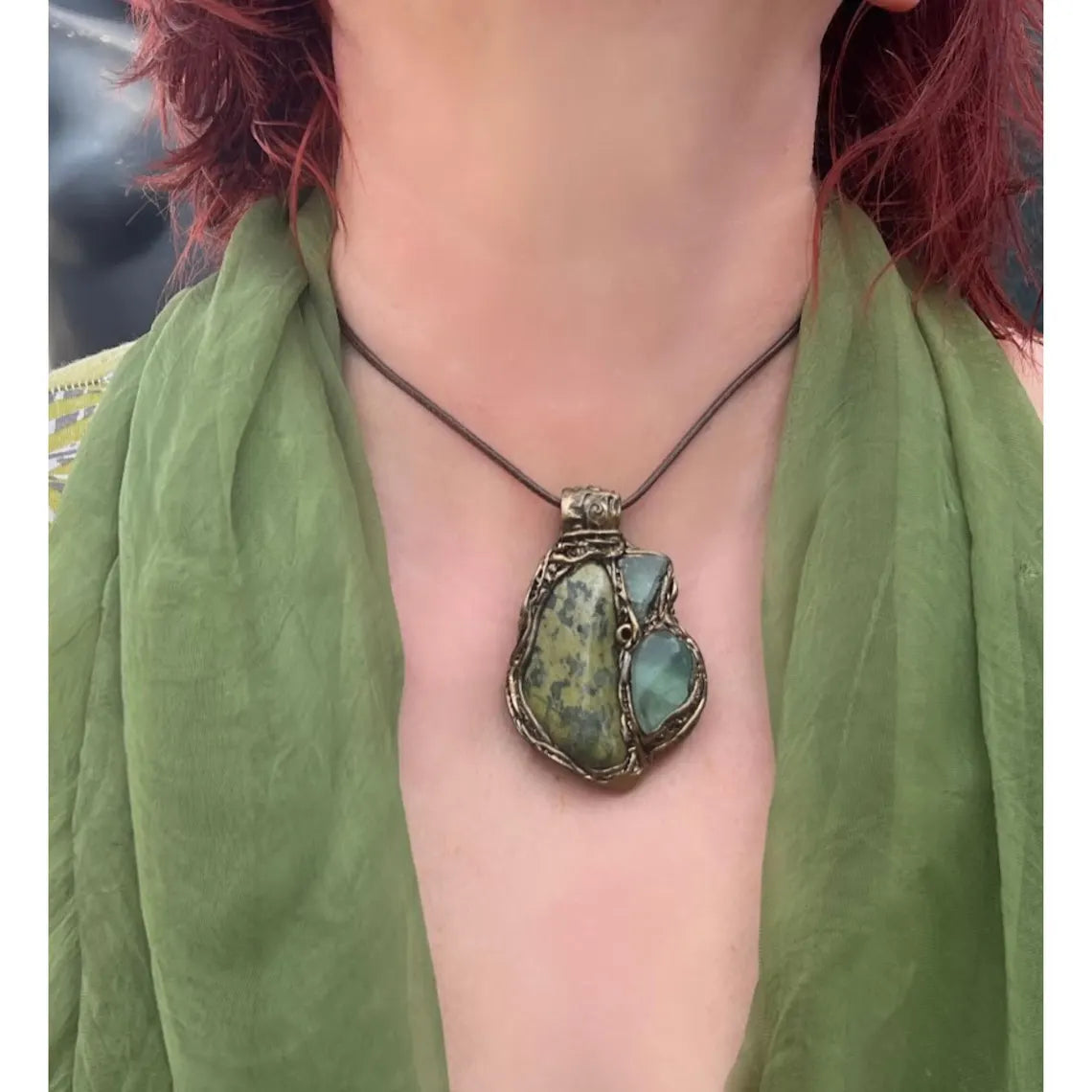 Chunky Serpentine Green Fluorite Pendant Necklace
