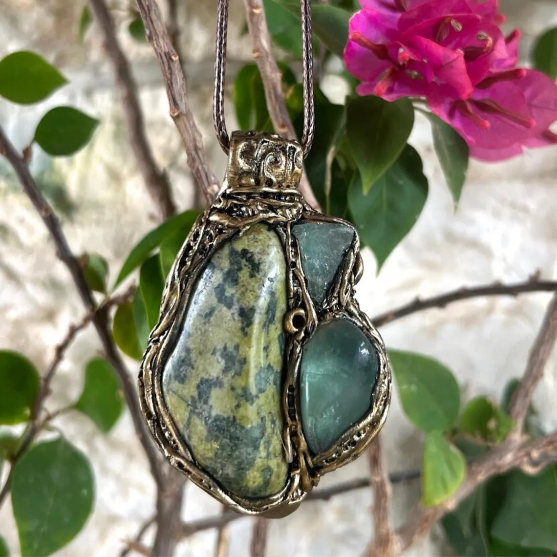 Chunky Serpentine Green Fluorite Pendant Necklace