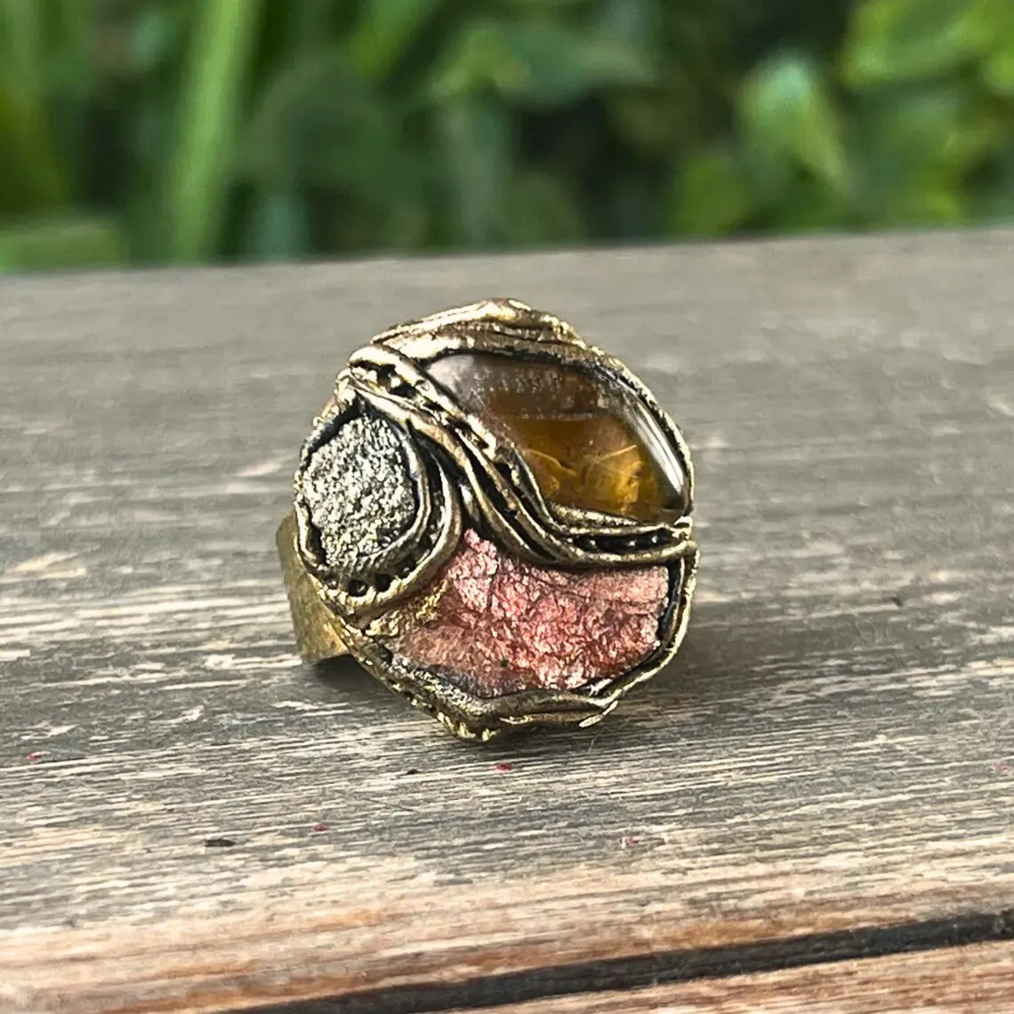 Citrine, Pyrite and Sunstone Raw Crystal Wealth Ring, Lucky Ring