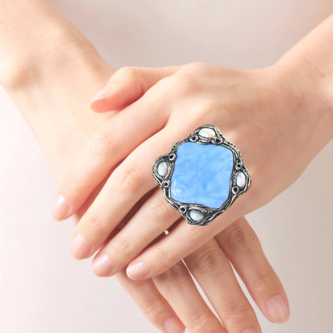 Blue Opal Statement Ring, Chunky Gemstone Cocktail Ring