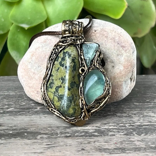 Chunky Serpentine Green Fluorite Pendant Necklace