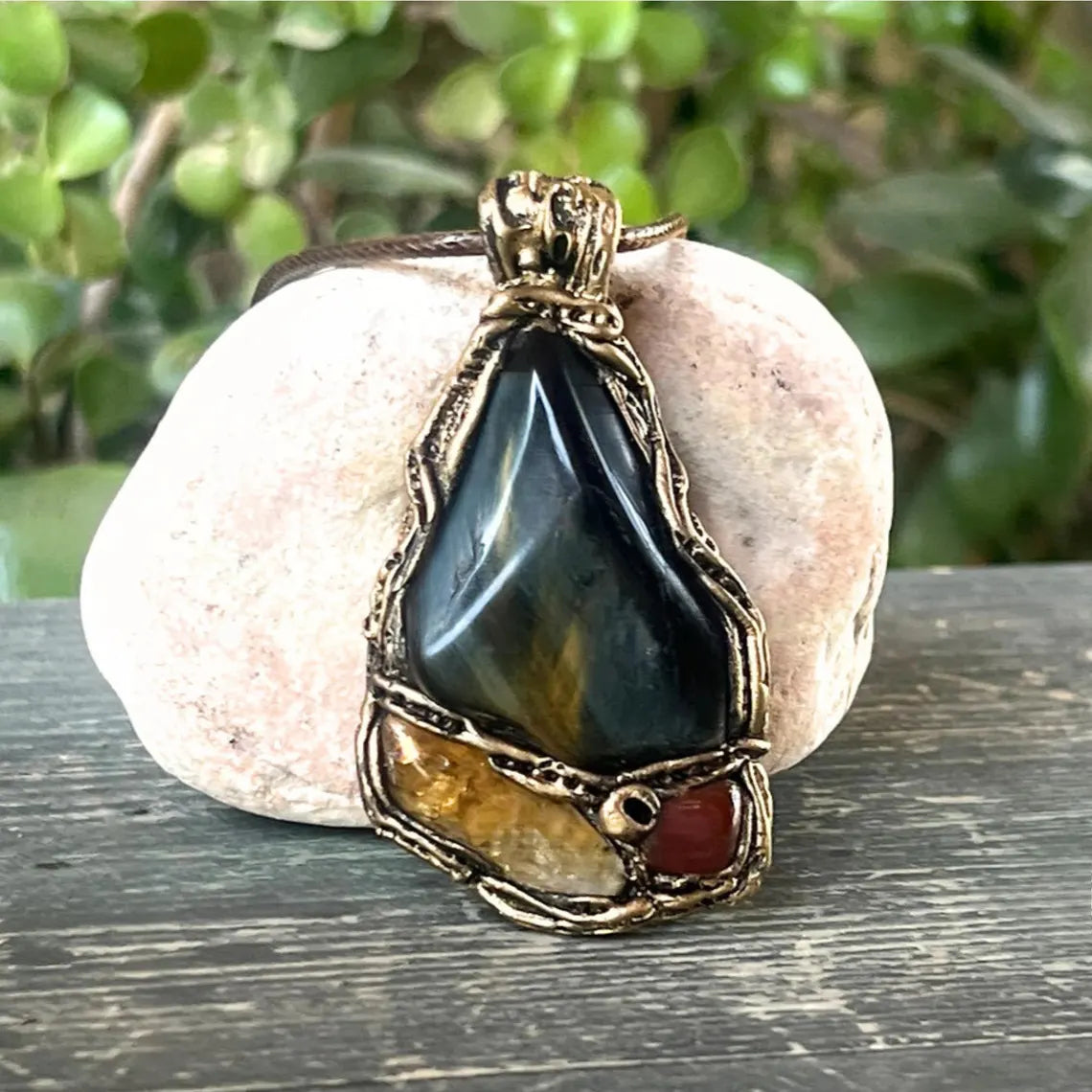 Tigers Eye Carnelian Citrine Necklace - Healing Crystal Pendant