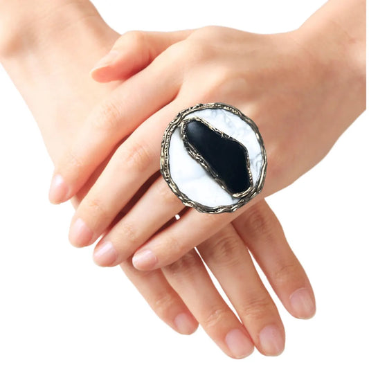 Chunky Black White Round Gemstone Ring with Hawkeye & Howlite - Bold Cocktail Statement