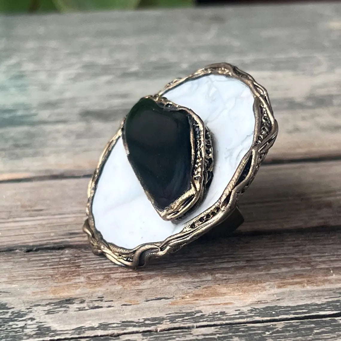 Chunky Black White Round Gemstone Ring with Hawkeye & Howlite - Bold Cocktail Statement