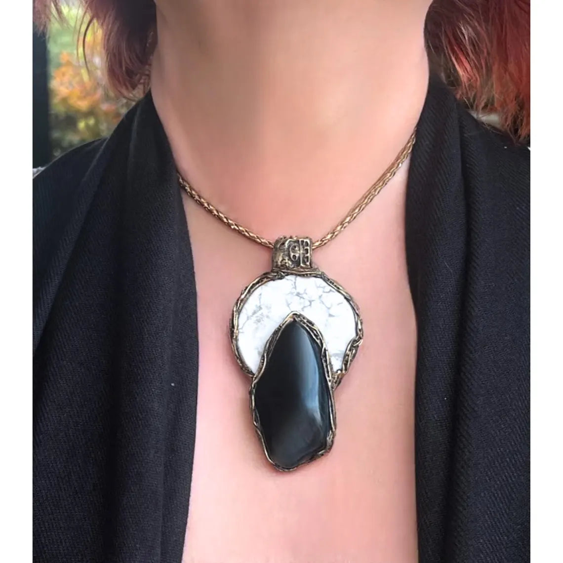 Chunky Black White Round Gemstone Ring with Hawkeye & Howlite - Bold Cocktail Statement