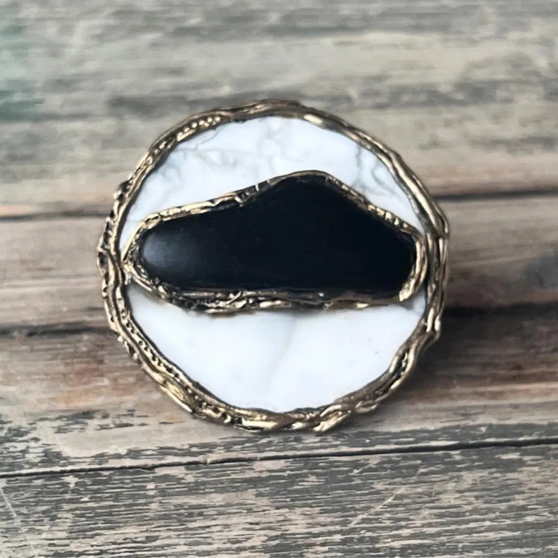 Chunky Black White Round Gemstone Ring with Hawkeye & Howlite - Bold Cocktail Statement
