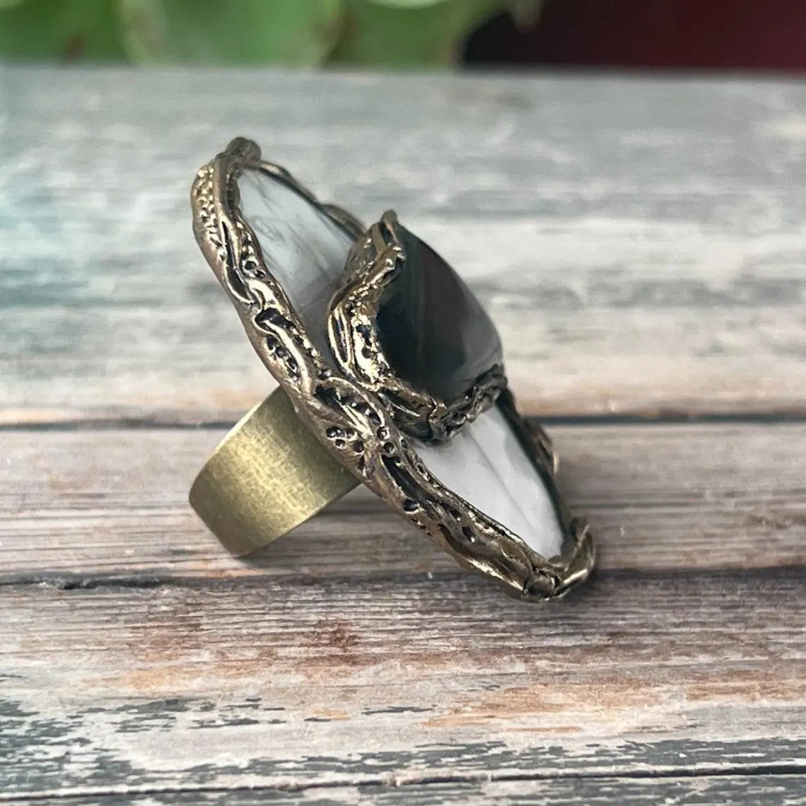 Chunky Black White Round Gemstone Ring with Hawkeye & Howlite - Bold Cocktail Statement