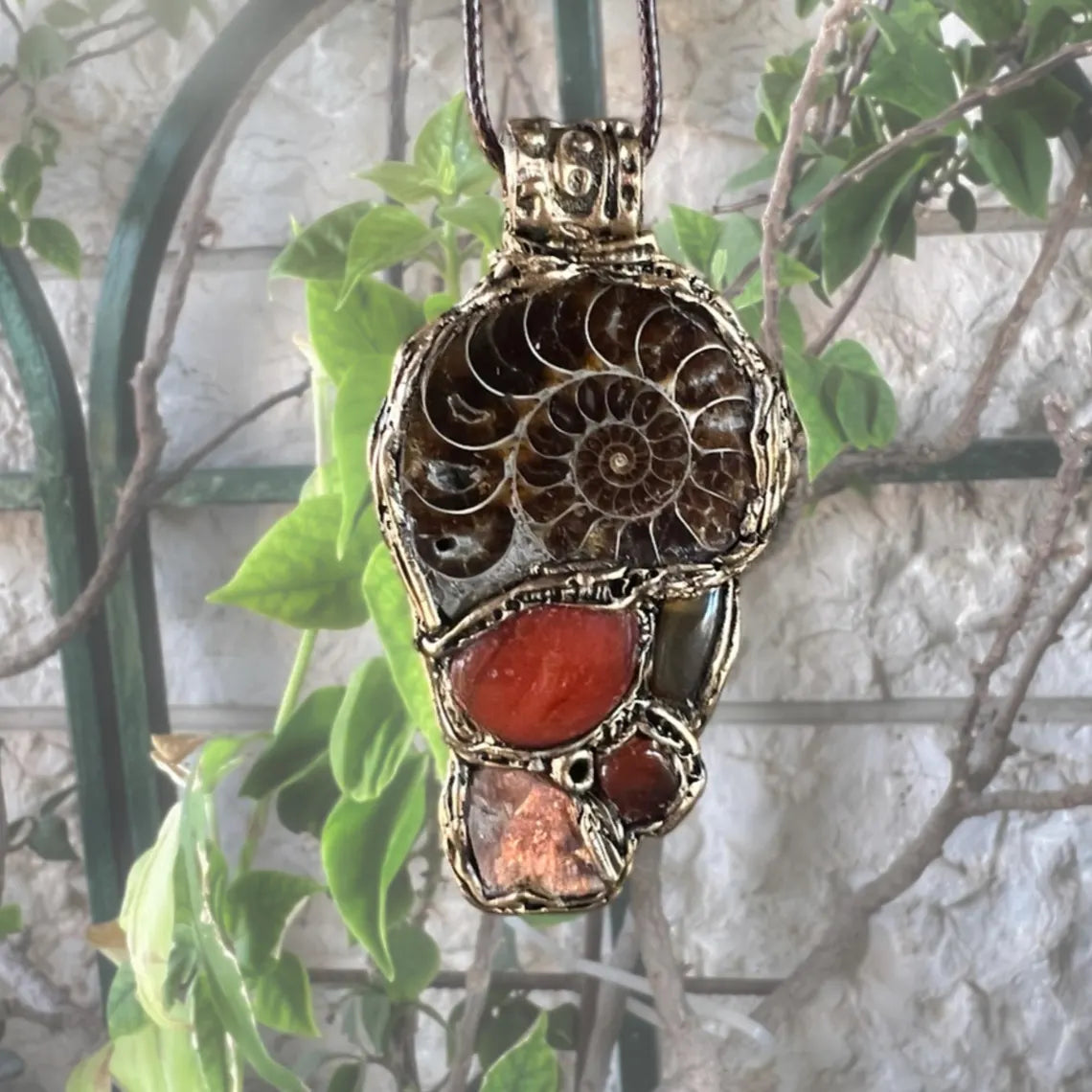 Amber & Ammonite Fossil Ring - Chunky Gemstone Statement Jewelry