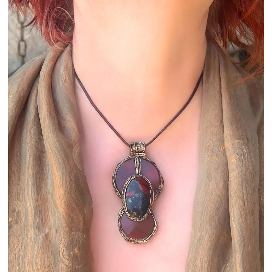 Gemstone Carnelian Jasper Pendant Necklace - Unique Red Crystal Statement Jewelry