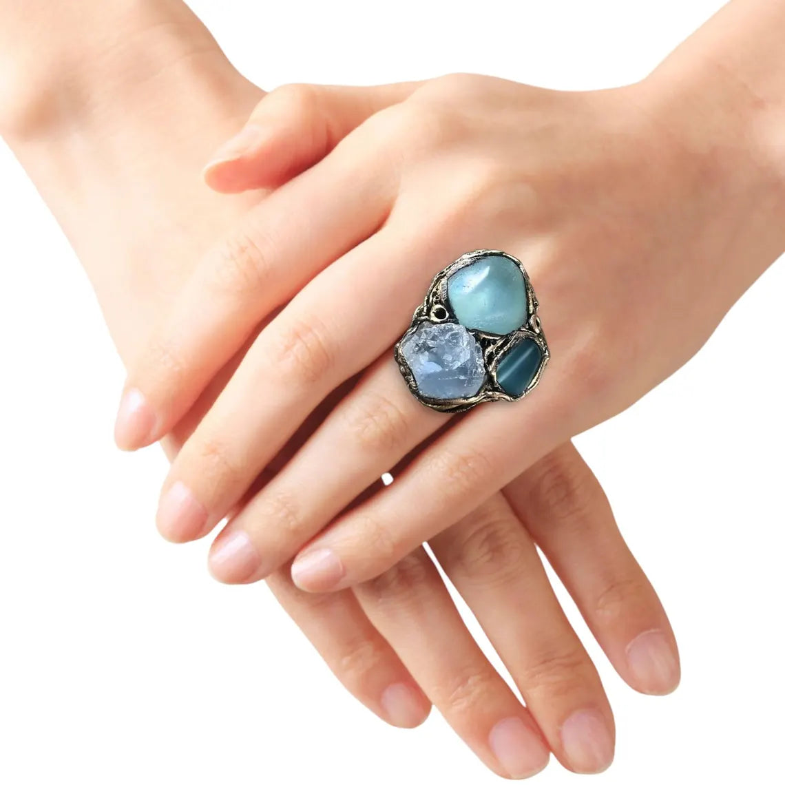 Celestite, Blue Onyx and Chalcedony Raw Crystal Chunky Large Three Stone Ring