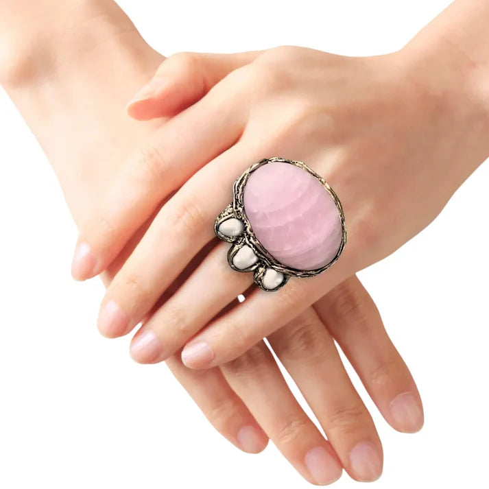 Chunky Rose Quartz Cuff Bracelet, Gemstone Statement Jewelry