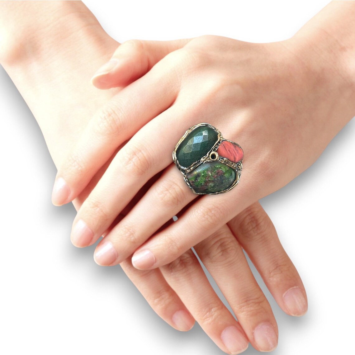 Chunky Pink Green Cocktail Ring with Ruby Zoisite, Jade & Cherry Quartz