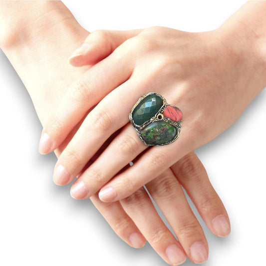Chunky Pink Green Cocktail Ring with Ruby Zoisite, Jade & Cherry Quartz