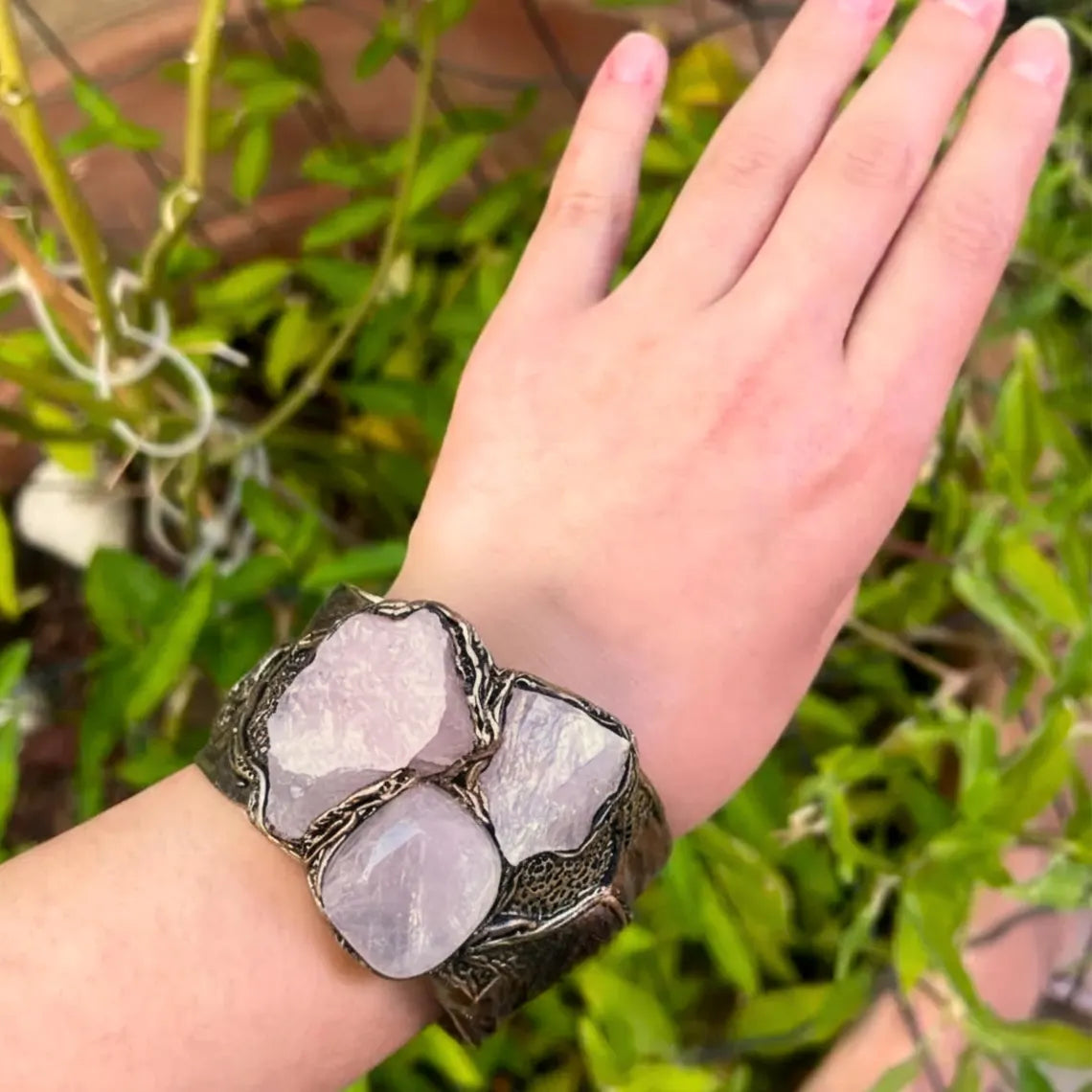 Chunky Rose Quartz Cuff Bracelet, Gemstone Statement Jewelry