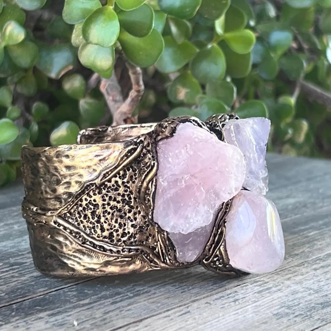 Chunky Rose Quartz Cuff Bracelet, Gemstone Statement Jewelry