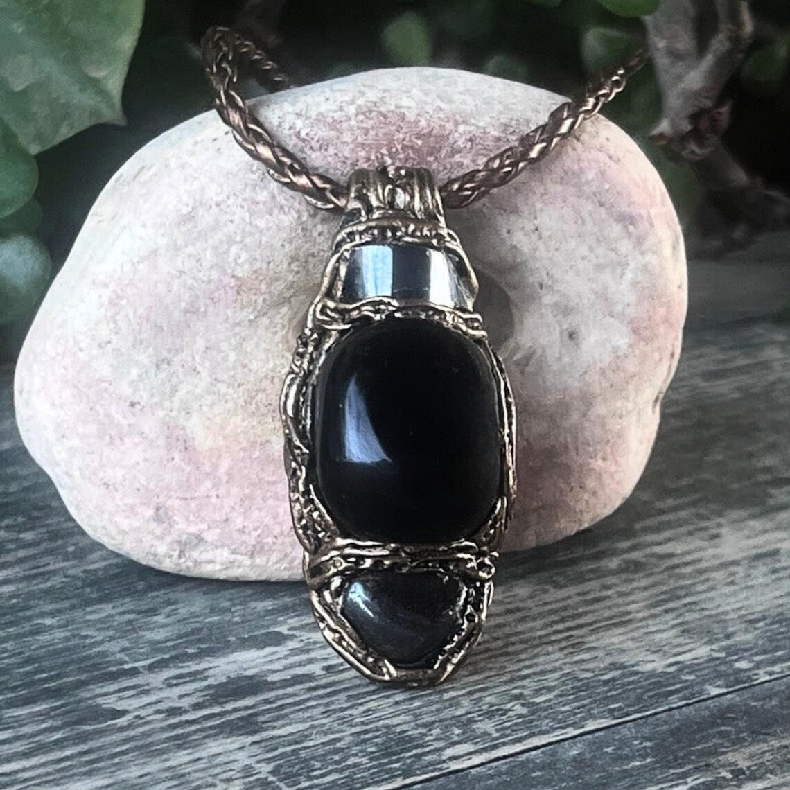 Black Obsidian & Hematite Pendant, Protection Crystal Amulet Necklace
