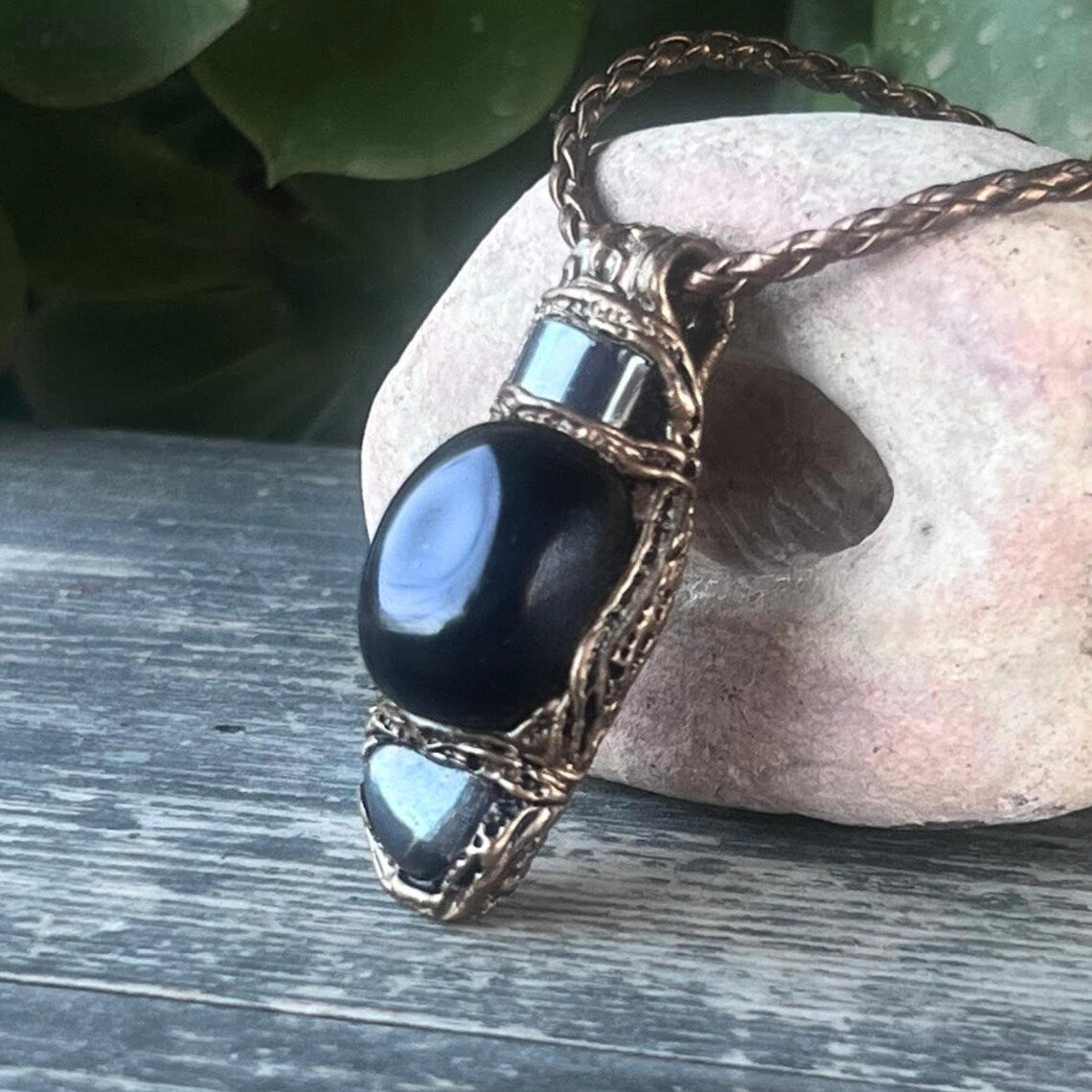 Black Obsidian & Hematite Pendant, Protection Crystal Amulet Necklace