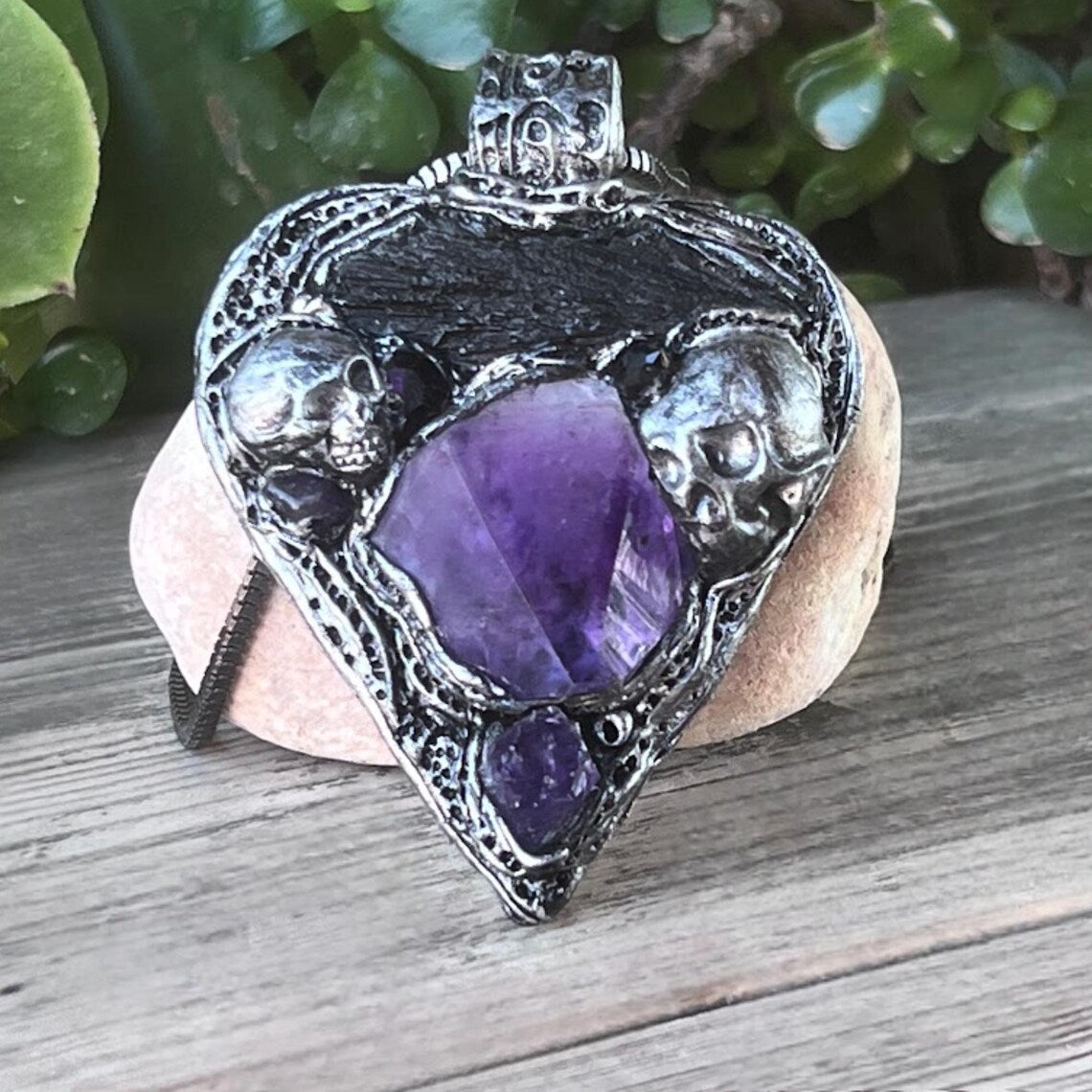 Gothic Amethyst & Kyanite Crystal Amulet | Skull Heart Pendant Necklace