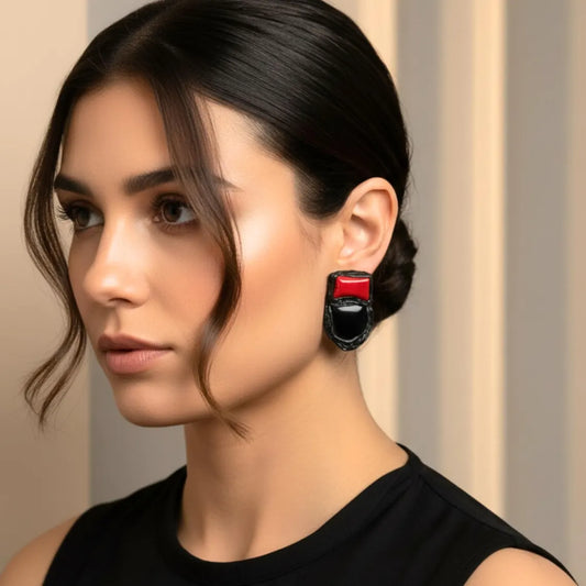 Statement Black Onyx and Red Coral Large Stud Earrings