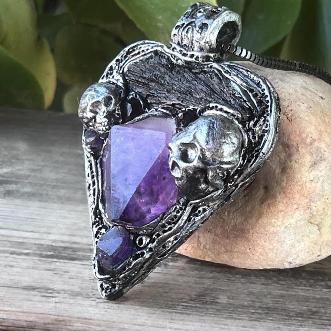 Gothic Amethyst & Kyanite Crystal Amulet | Skull Heart Pendant Necklace