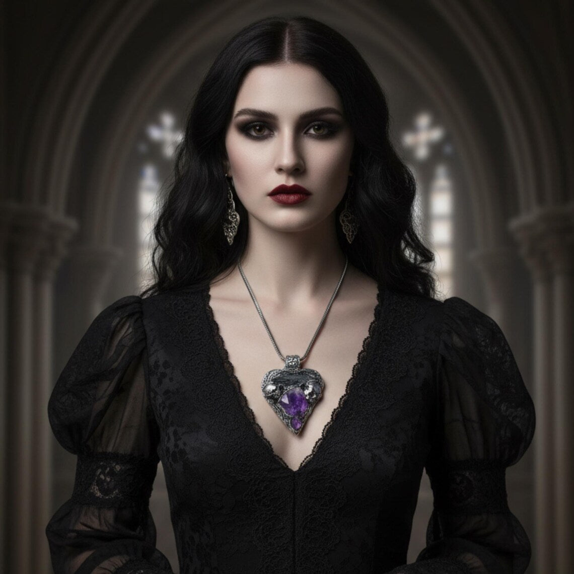 Gothic Amethyst & Kyanite Crystal Amulet | Skull Heart Pendant Necklace