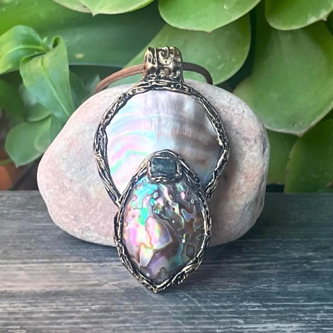 Mother of Pearl Necklace with Abalone and Epidote - Statement Shell Jewelry