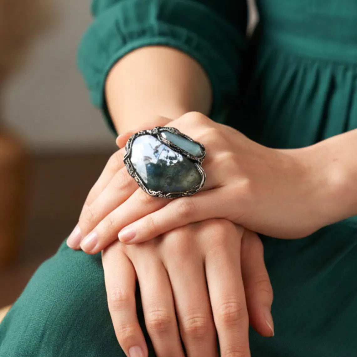Chunky Green Aventurine & Tree Agate Ring – Oversized Statement Crystal Cocktail Ring.