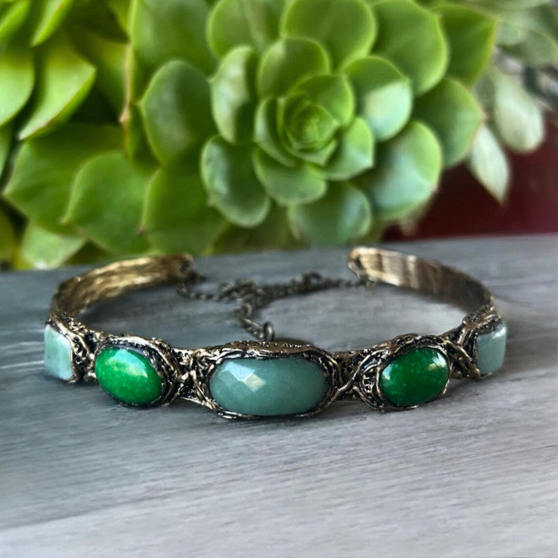 Jade & Aventurine Statement Choker - Green Stone Necklace.