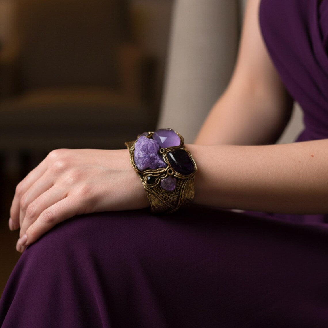 Purple Gemstone Calcite, Agate and Chalcedony Cuff Bracelet
