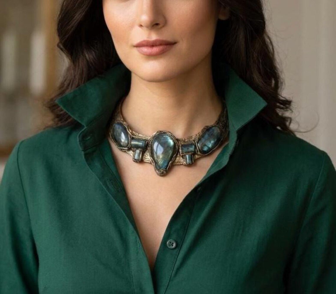 Labradorite and Prehnite Chunky Choker Necklace Statement Special Event Jewelry