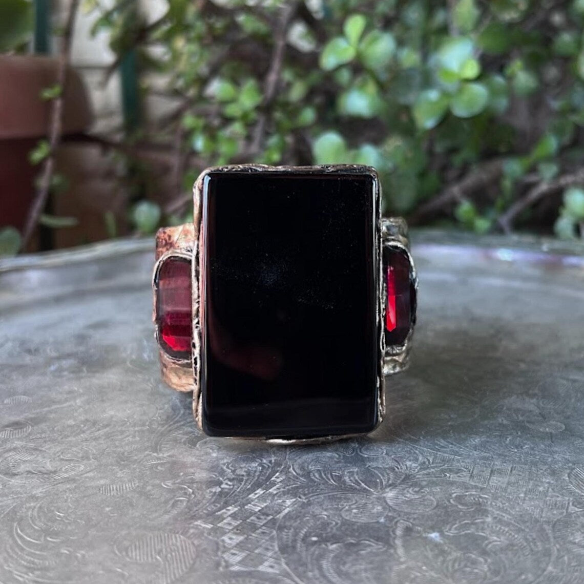 Black Onyx & Garnet Cubic Zirconia Wide Cuff Bracelet – Large Statement Jewelry