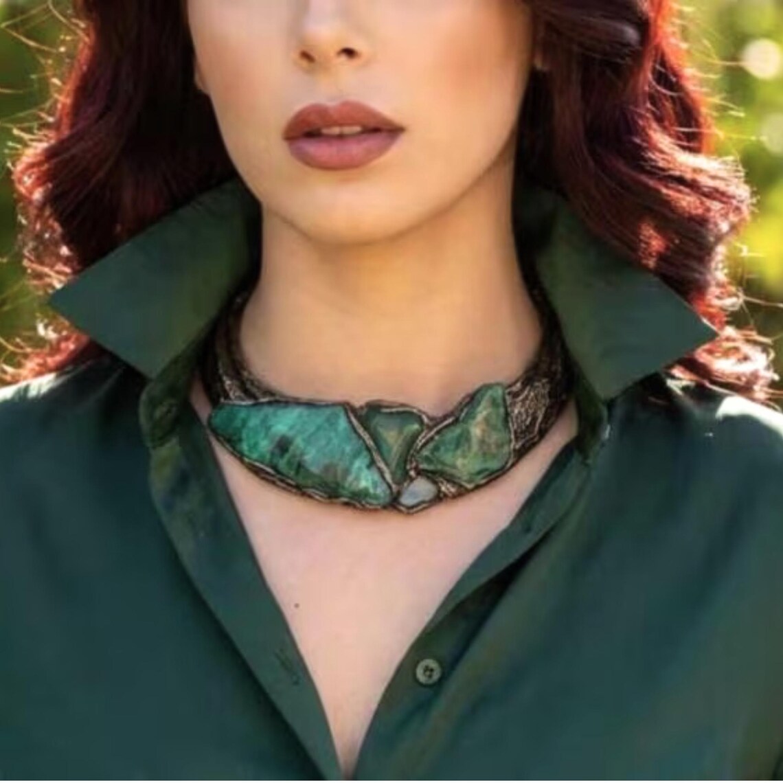 Chunky Green Gemstone Choker Collar Necklace | Aventurine and Buddstone Jewelry