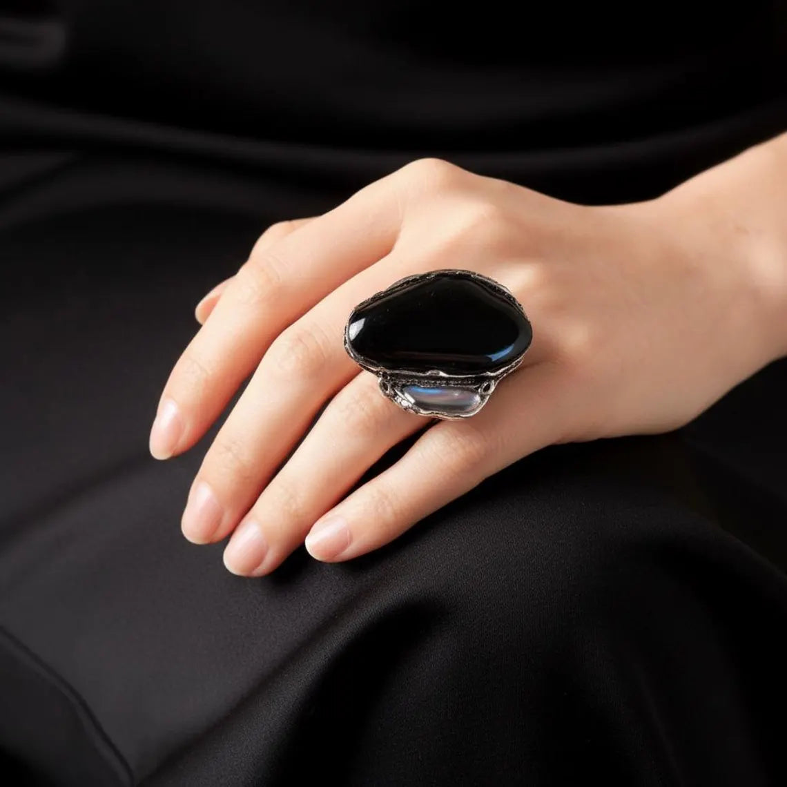 Chunky Black Obsidian and Hematite Ring - empath protection ring.
